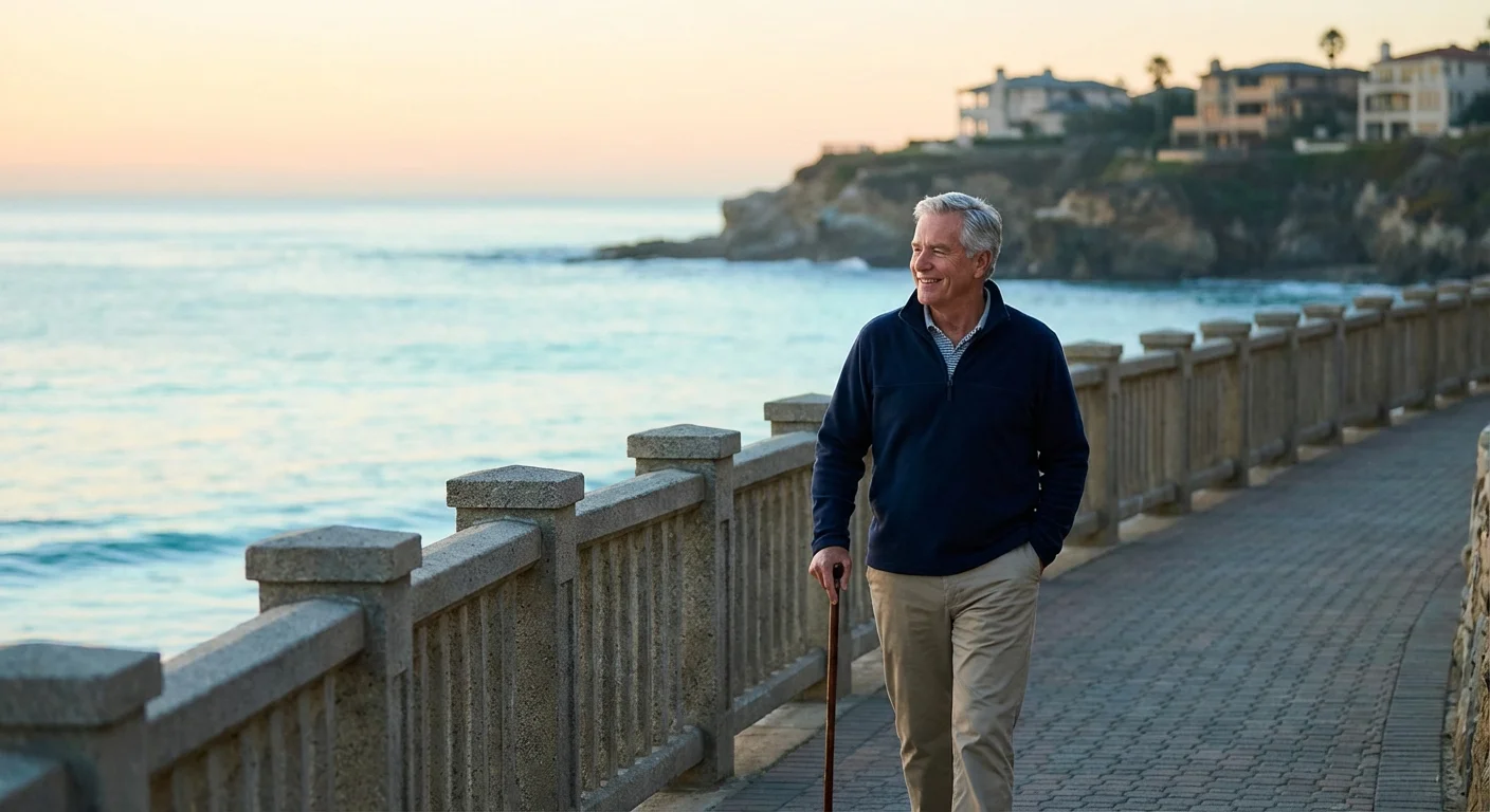 A man walking along a beautiful coastline during sunrise.