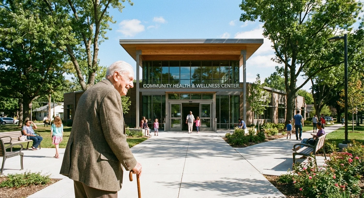 A man walking in a clean, safe neighborhood near a clinic.