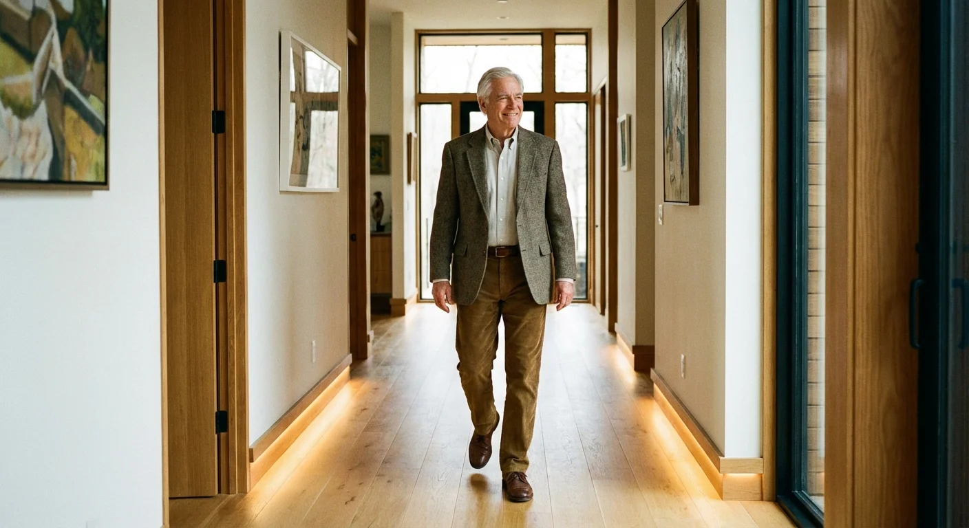 A man walking in a hallway illuminated by floor-level safety lights.