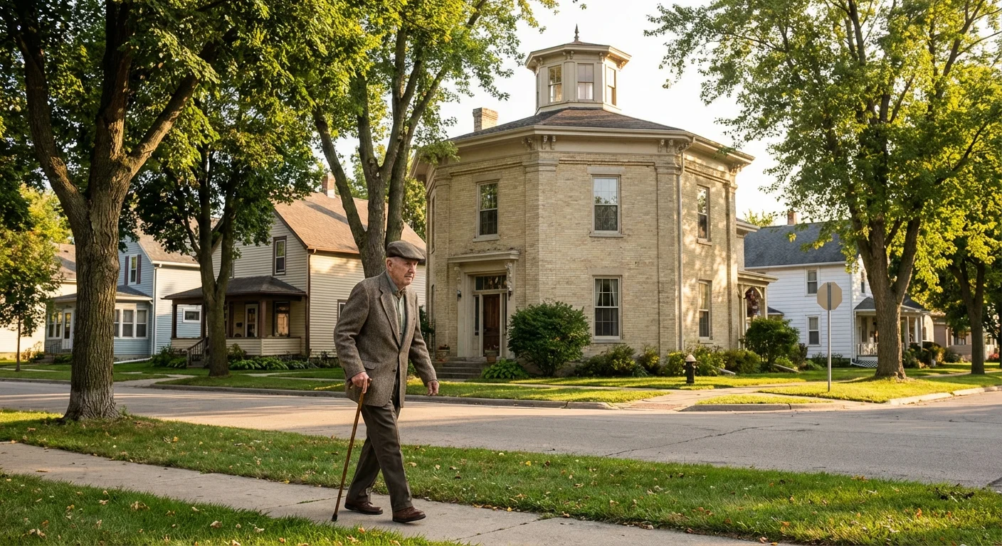 A man walking in a historic neighborhood in Watertown, Wisconsin.