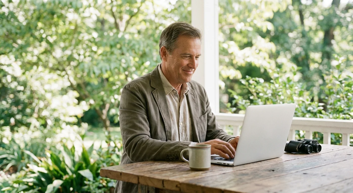 A man working on his laptop on a bright porch, illustrating a flexible work-retirement balance.