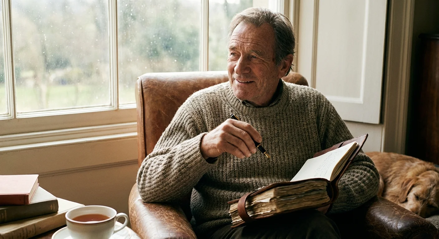 A man writing his retirement bucket list in a journal by a window.