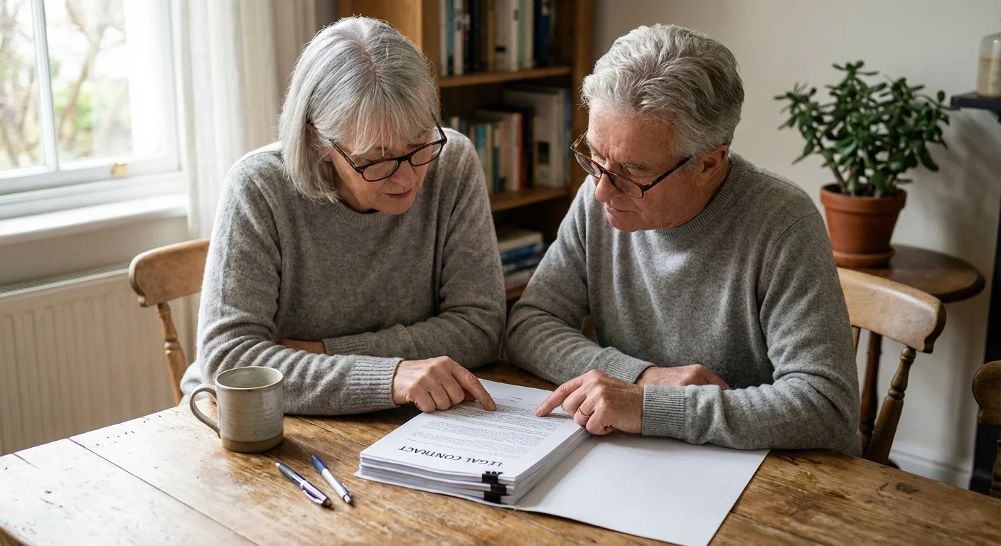 A mature couple carefully reviewing a legal document at their dining table.