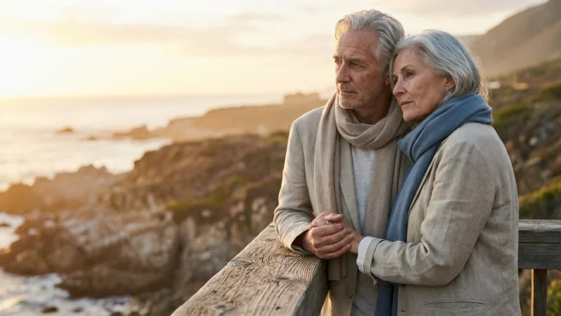 A mature couple looking thoughtfully at a sunset over the ocean, representing the transition into retirement.