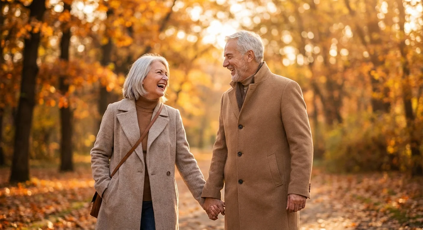 A mature couple walking hand-in-hand through a park.