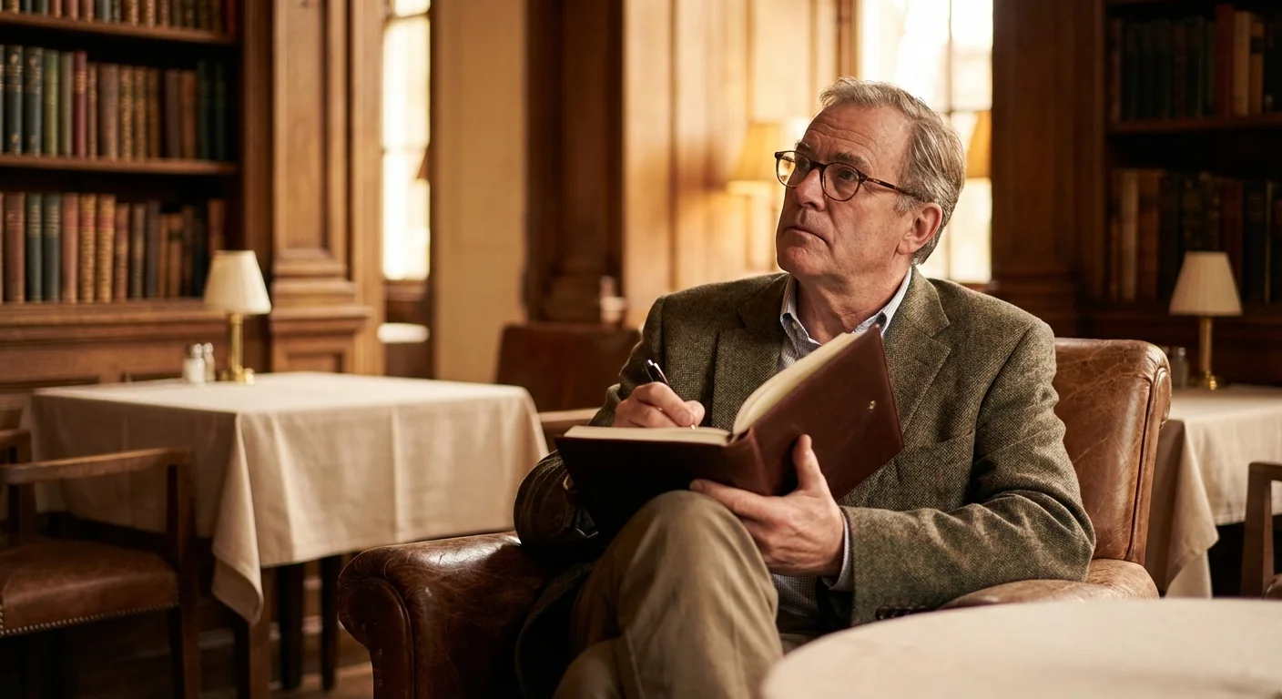 A mature man thoughtfully writing in a journal at a quiet cafe.