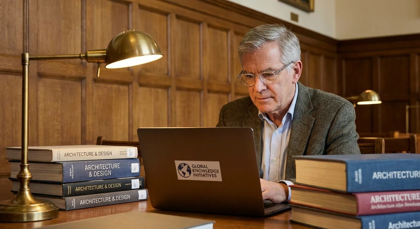 A mature student studying in a sophisticated library environment.