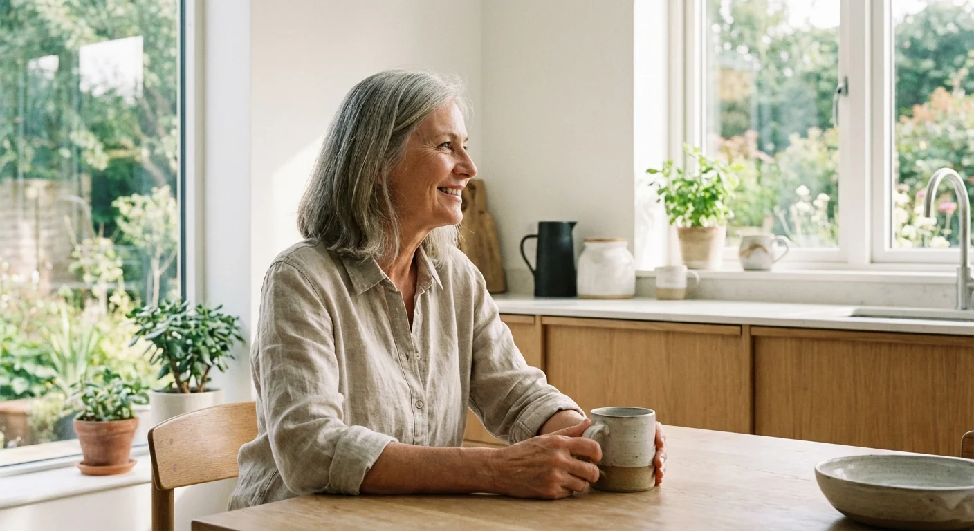 A mature woman sitting peacefully in a bright kitchen with a cup of coffee.