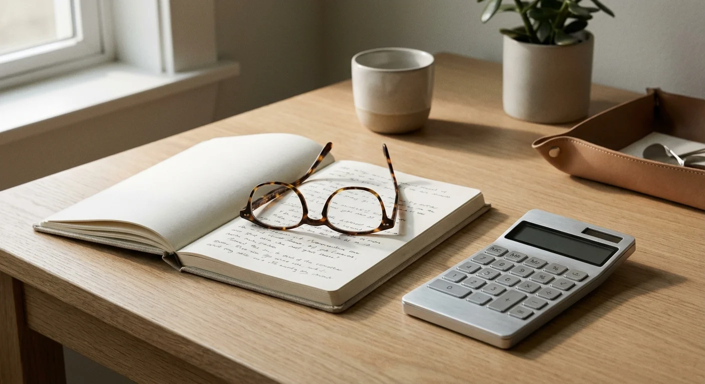 A minimalist desk setup with glasses and a calculator in soft light.