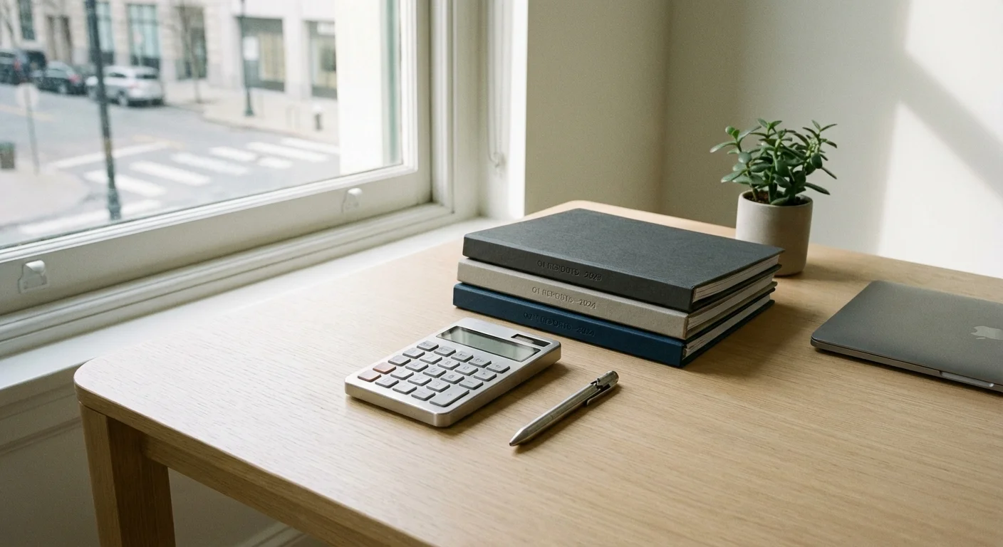 A minimalist desk with a calculator and organized financial folders.