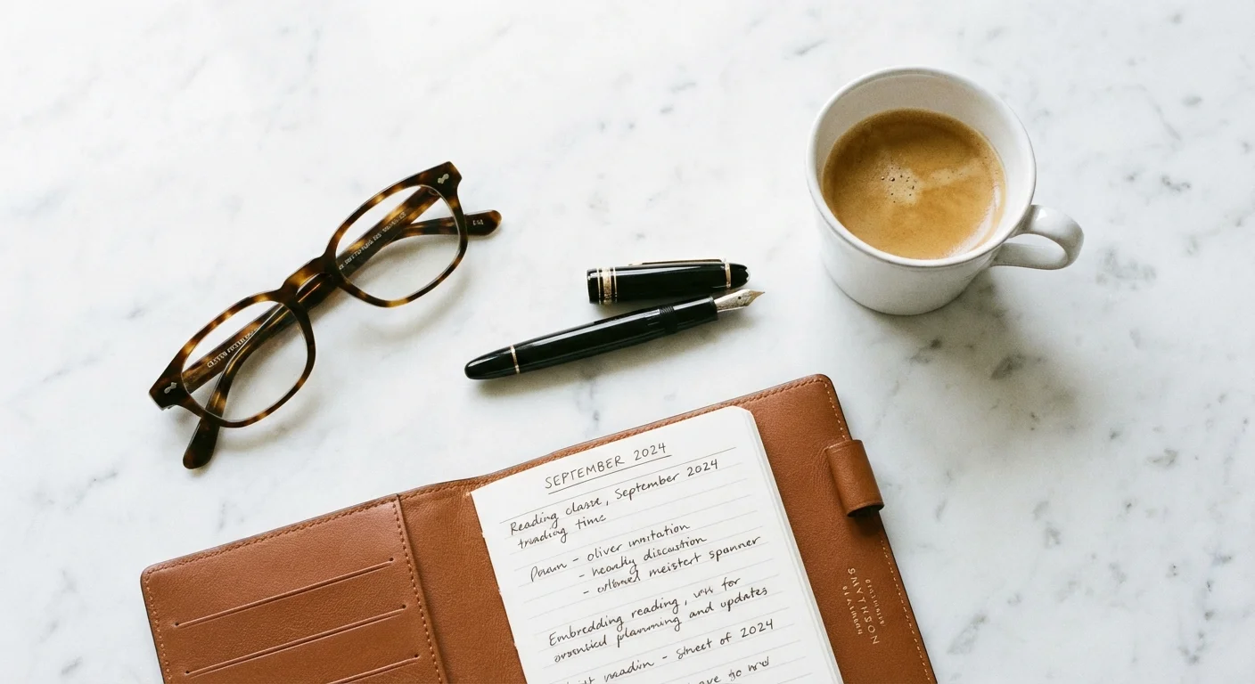 A minimalist flat-lay of reading glasses, a pen, and a planner on a marble desk.