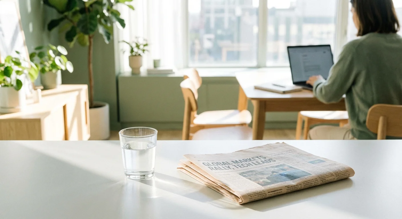 A minimalist home office desk with a financial newspaper and laptop.