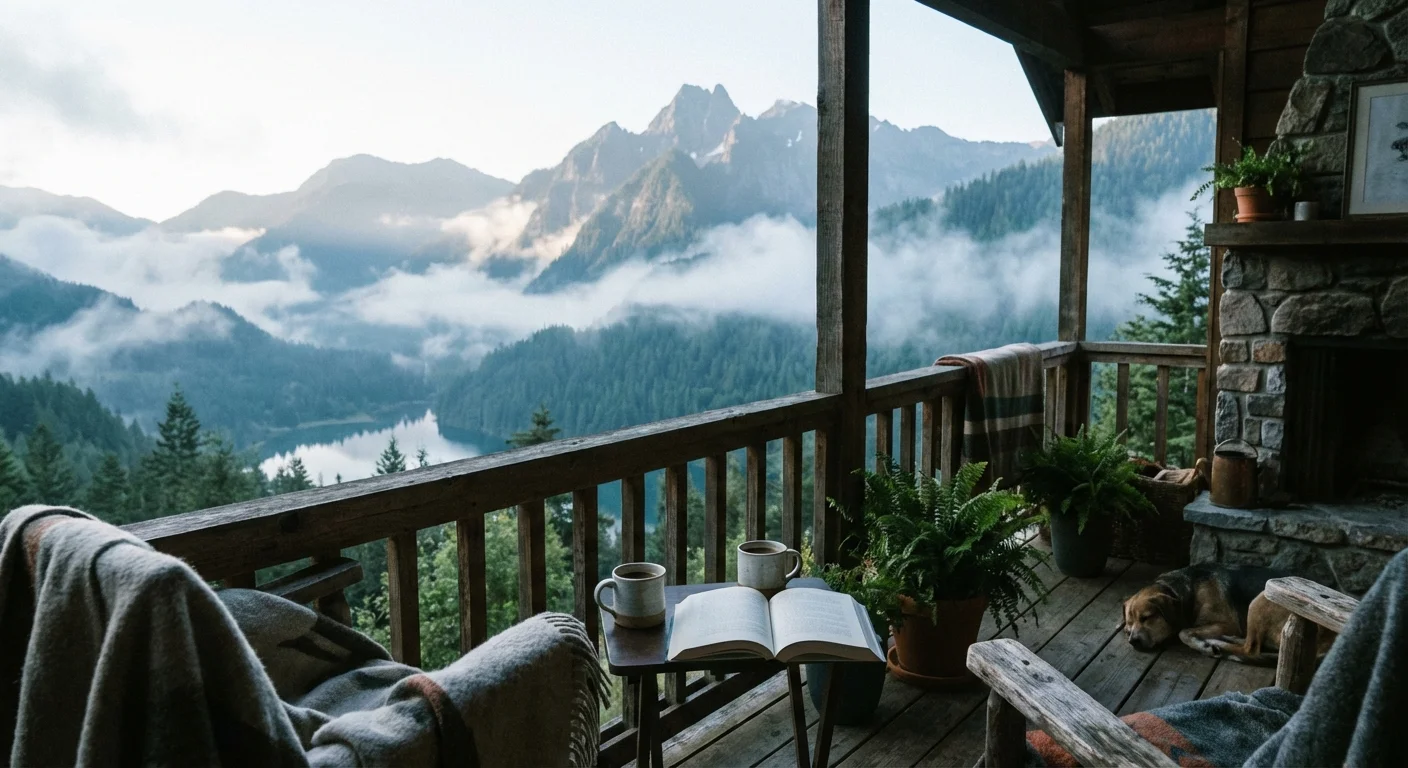 A misty mountain view from a wooden balcony at dawn.
