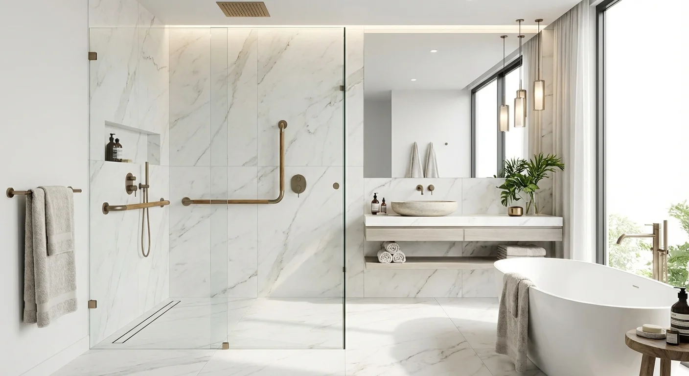 A modern, accessible bathroom with stylish aging-in-place features.