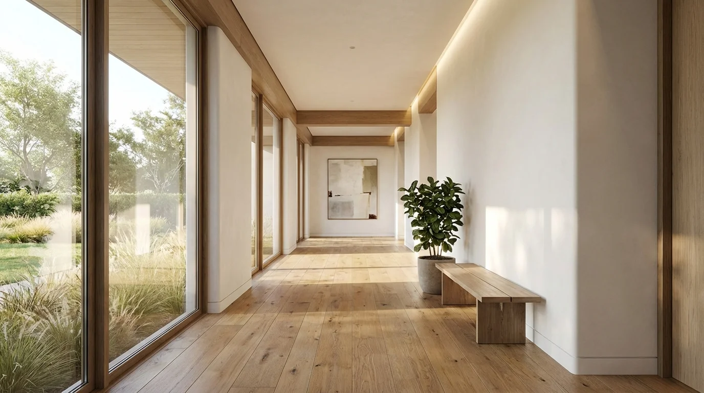 A modern, accessible home interior with wide hallways and plenty of natural light.