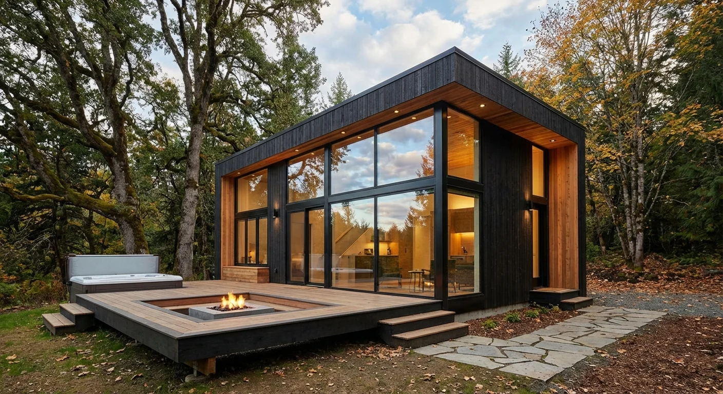 A modern, architecturally designed tiny home in a lush forest setting.