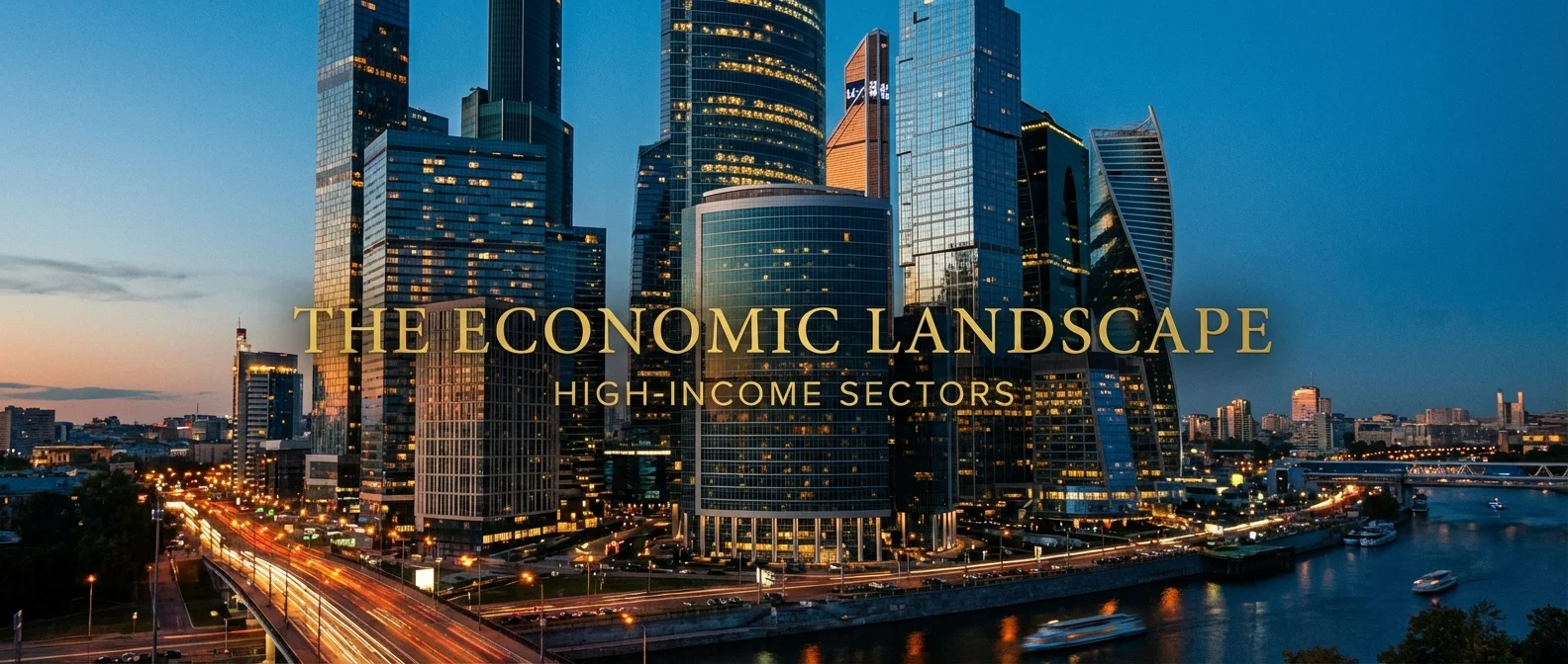 A modern city skyline at sunset with glowing office windows.