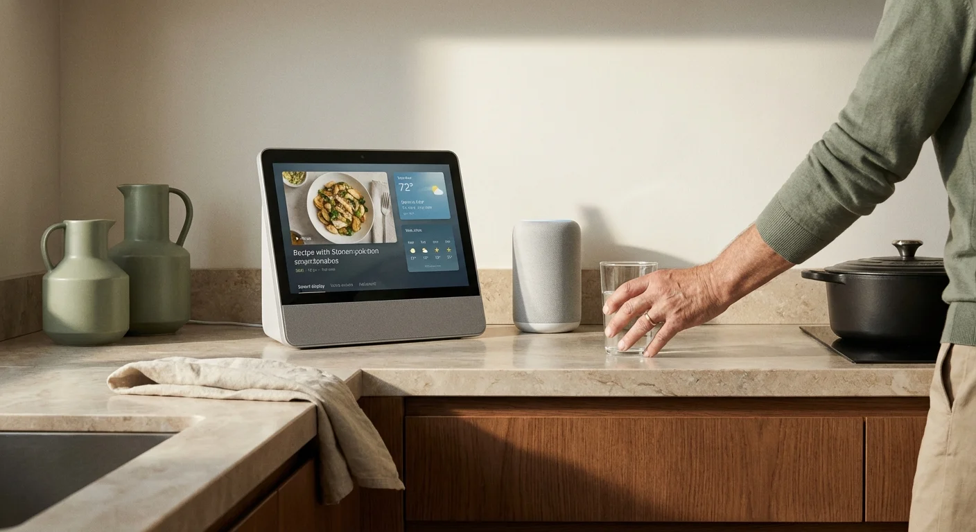 A modern kitchen counter featuring various smart assistant devices with a senior man nearby.