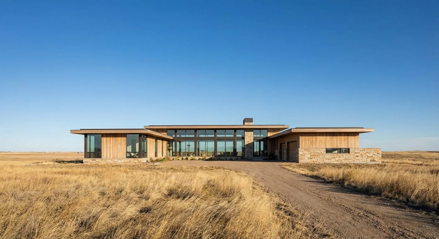 A modern ranch home on a wide South Dakota prairie under a big sky.