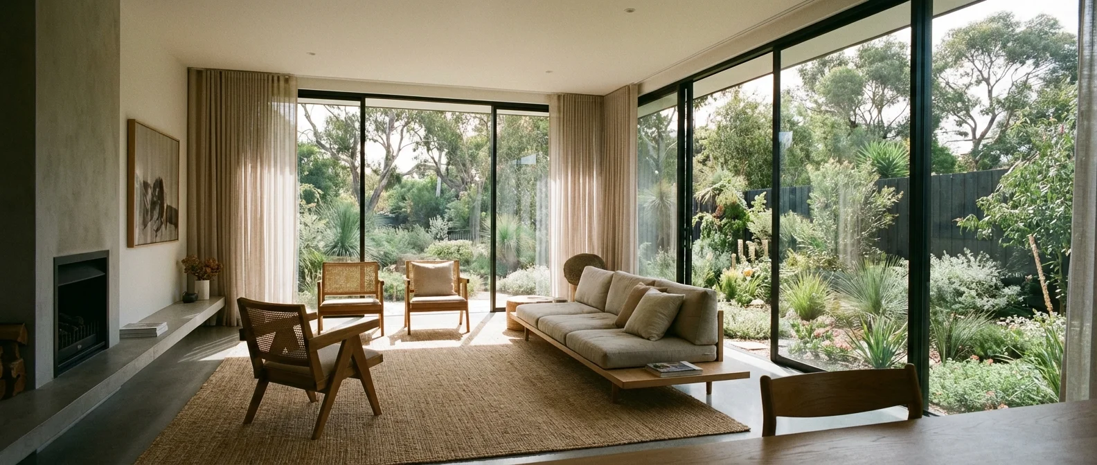 A modern, serene living room overlooking a beautiful garden.