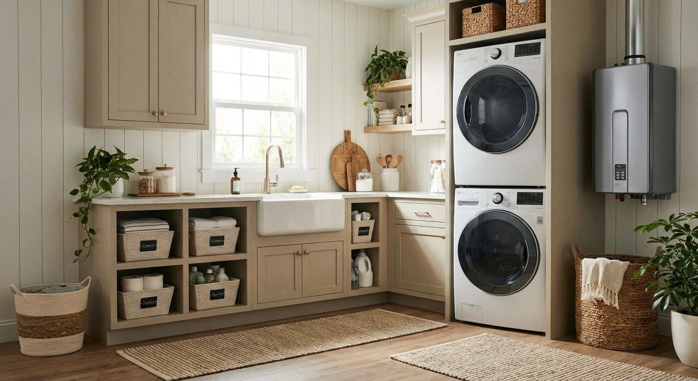 A modern water heater in a clean and organized utility room.