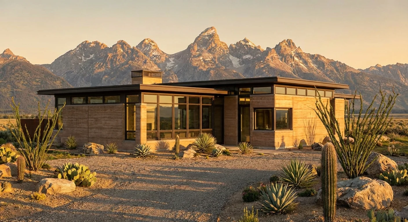 A modest home with mountain views and desert landscaping.