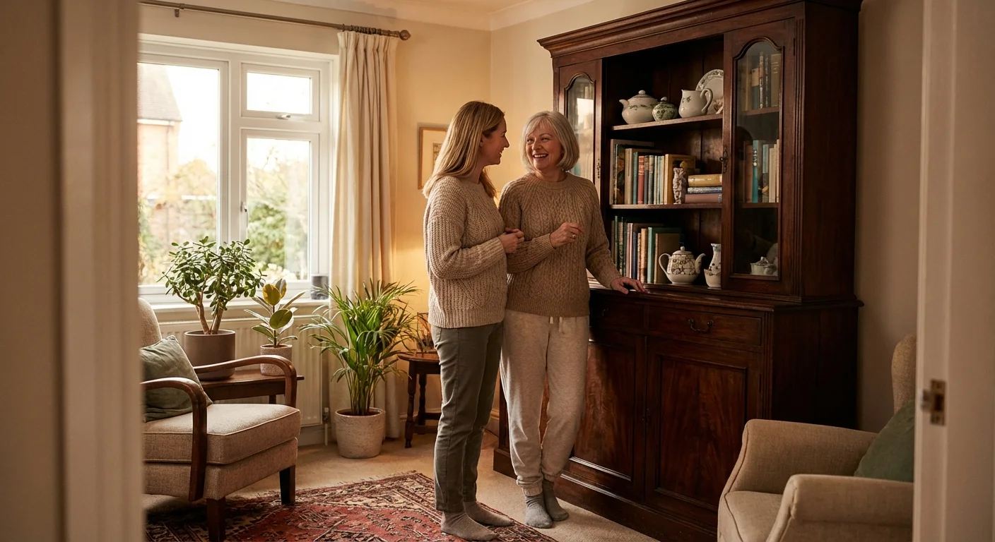A mother and daughter discussing furniture in a bright living room.