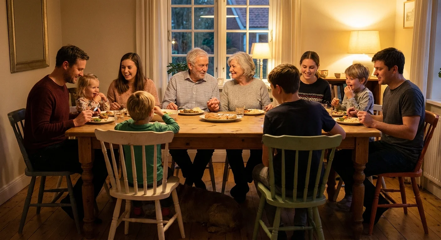 A multi-generational family enjoying dinner together.