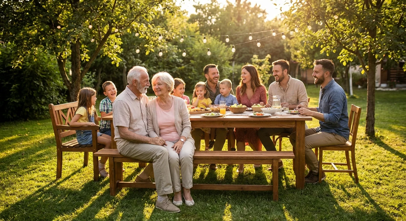 A multi-generational family gathering in a backyard, representing the end of tuition and dependent costs.