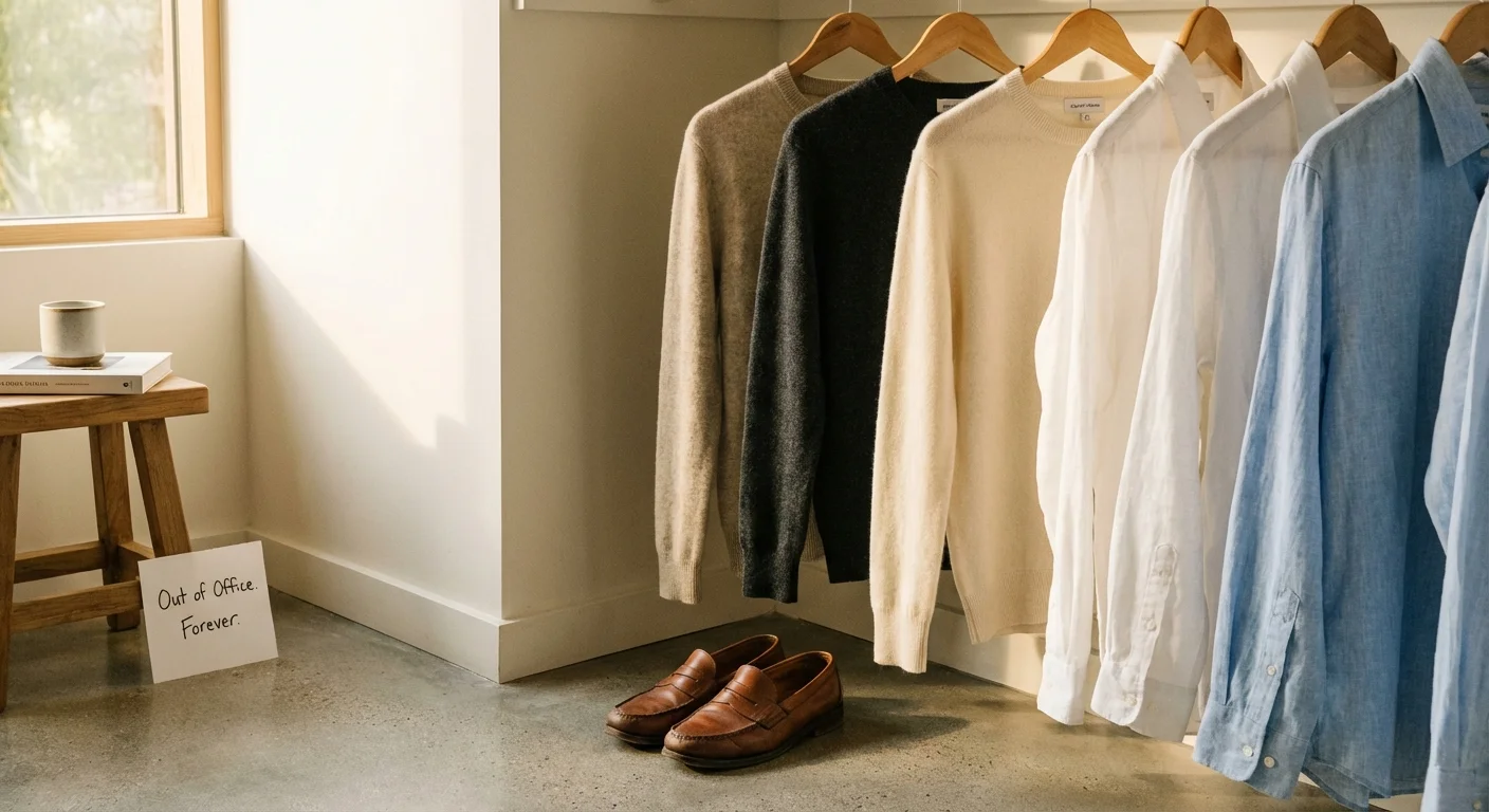 A neatly organized closet with high-quality leisure wear, replacing formal business attire.