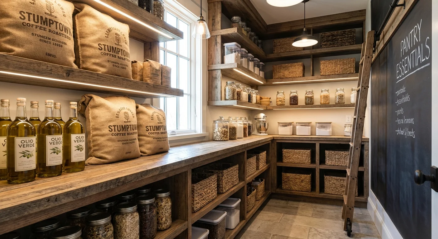 A neatly organized home pantry filled with bulk coffee and olive oil.