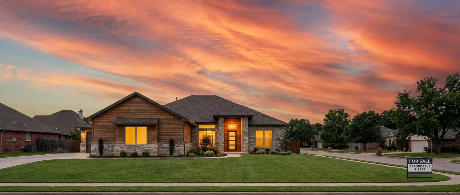 A nice suburban home in Oklahoma under a sunset sky.