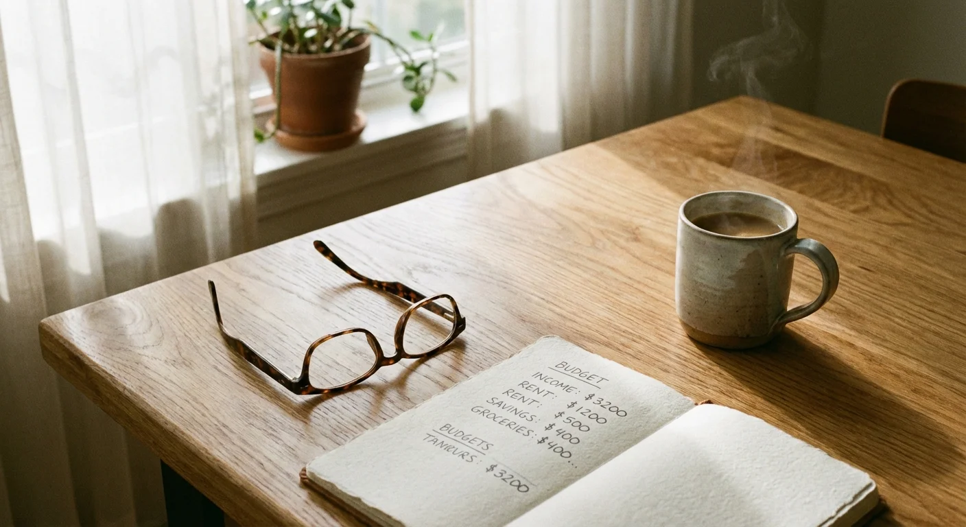 A pair of glasses and a notebook with budget notes on a wooden table in soft light.