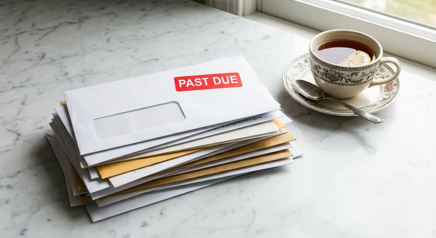 A past due notice on a kitchen counter.