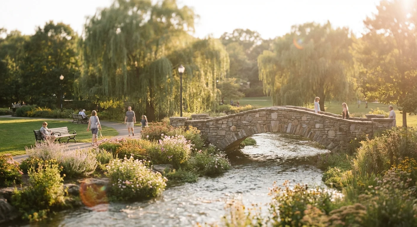 A peaceful community park with a stone bridge, representing municipal investment.