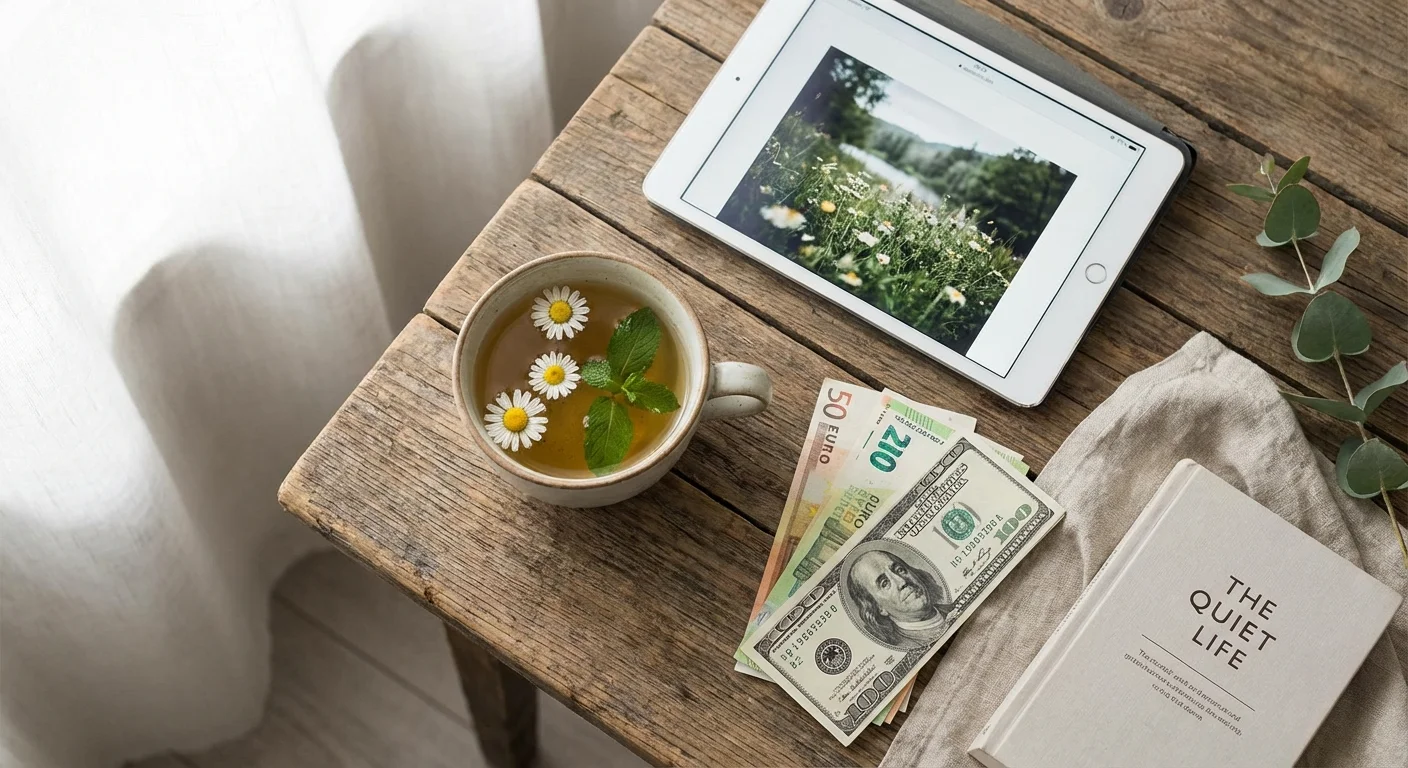 A peaceful flat lay of a tea cup and tablet, representing organized budget planning.