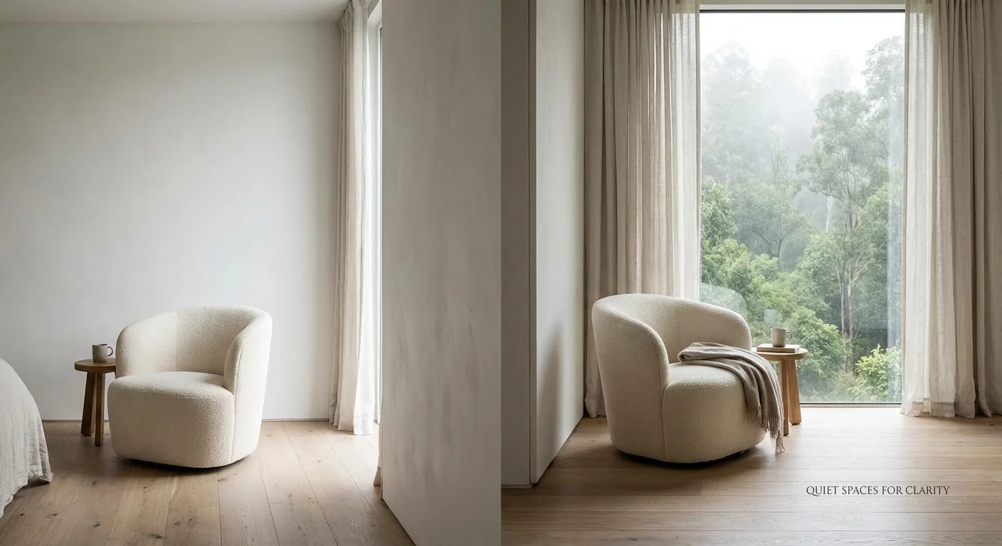 A peaceful, minimalist room with a view of a lush forest.