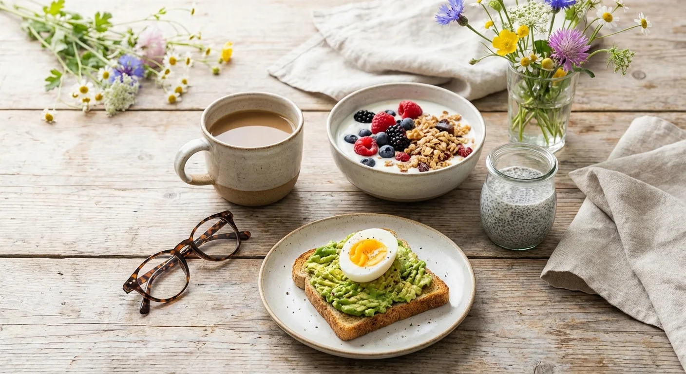 A peaceful morning breakfast setup with coffee and fresh flowers.
