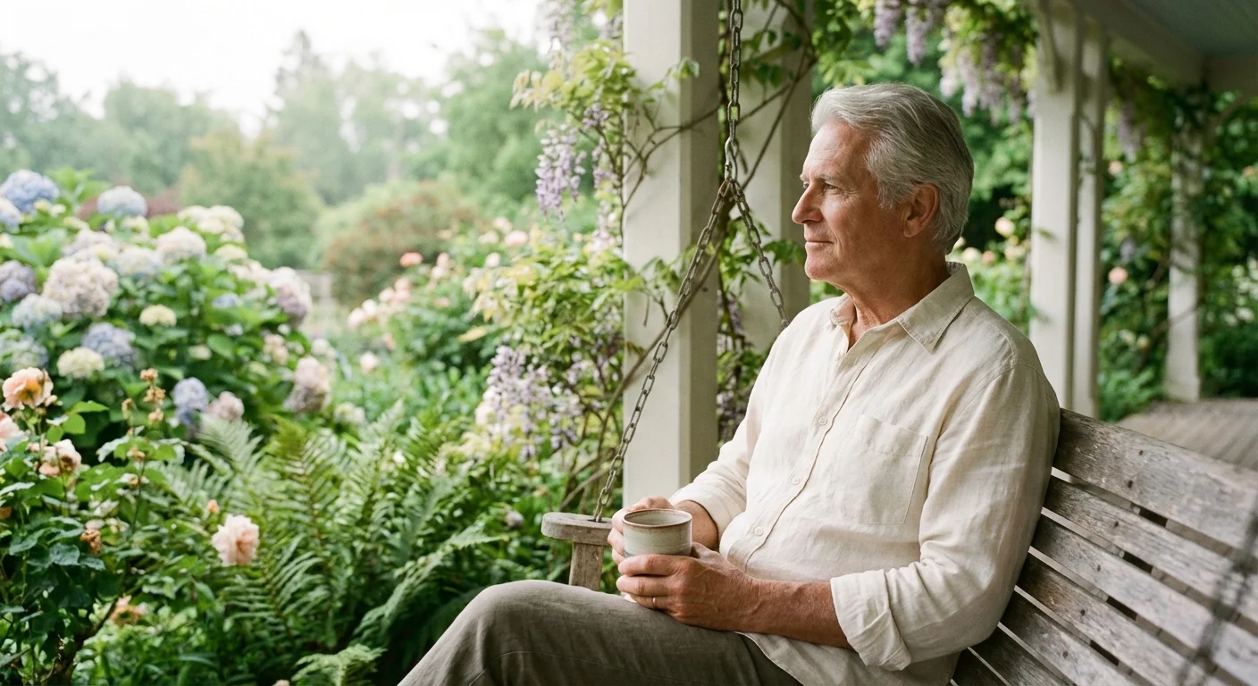 A peaceful senior man enjoying a morning coffee on a porch, symbolizing the benefits of patience.