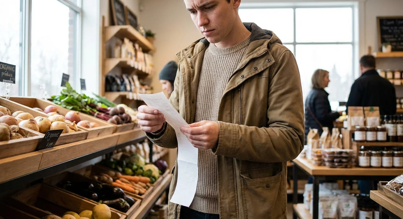 A person checking a receipt while shopping for groceries.