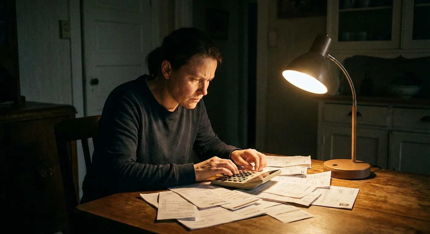 A person determinedly managing bills and debt at a desk.