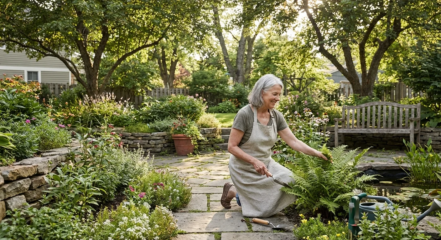 A person gardening in a beautiful, sunlit backyard.