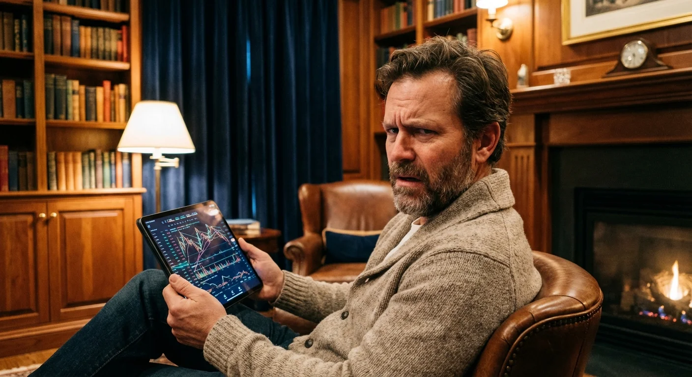 A person looking confused while reviewing a complex financial chart on a digital tablet.