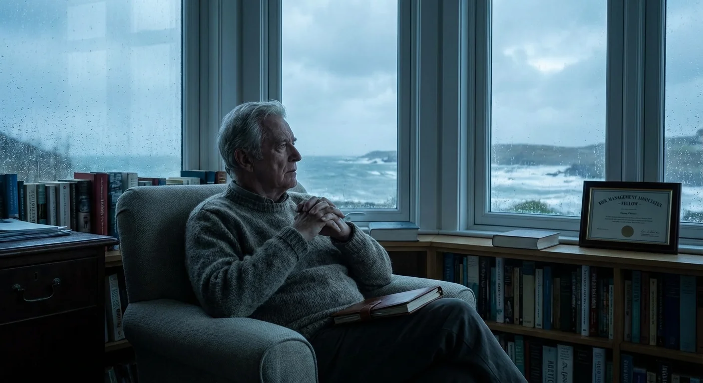A person looking out a window at a cloudy sky in a modern room.