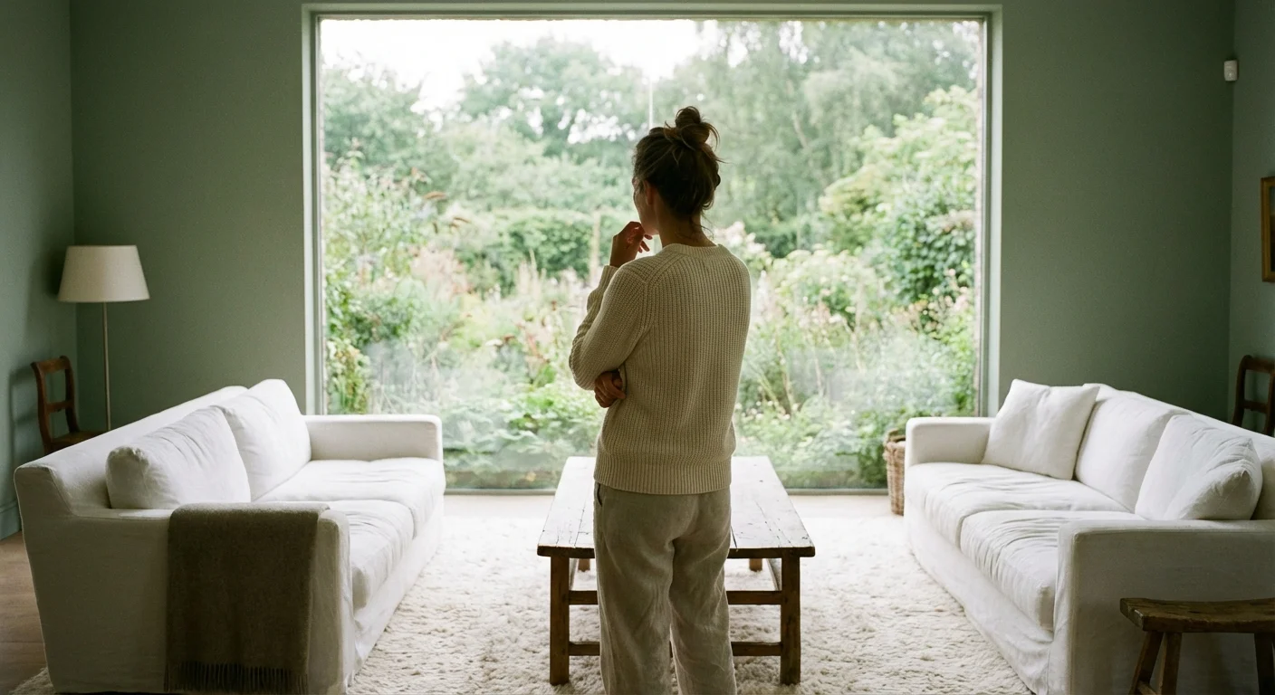 A person looking out a window at a garden from a modern living room.