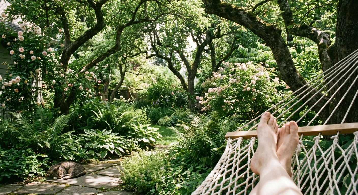 A person relaxing in a hammock in a quiet, green garden.