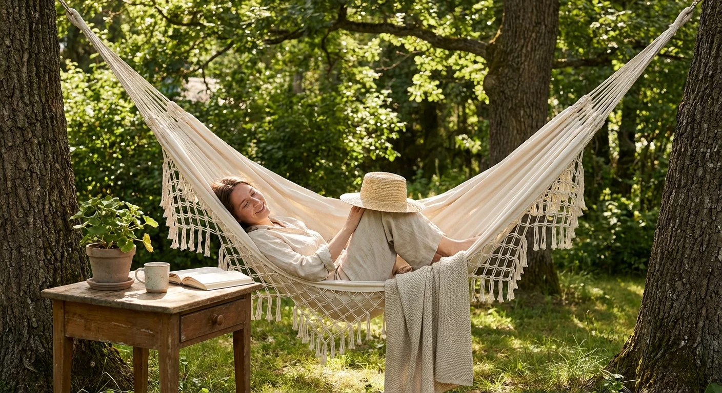 A person resting in a hammock in a peaceful, sun-dappled backyard.