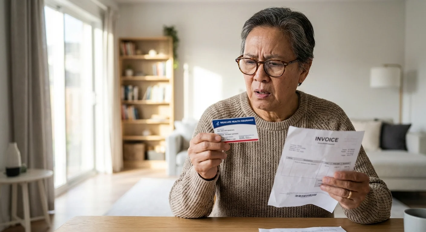 A person reviewing their Medicare card and related financial documents.