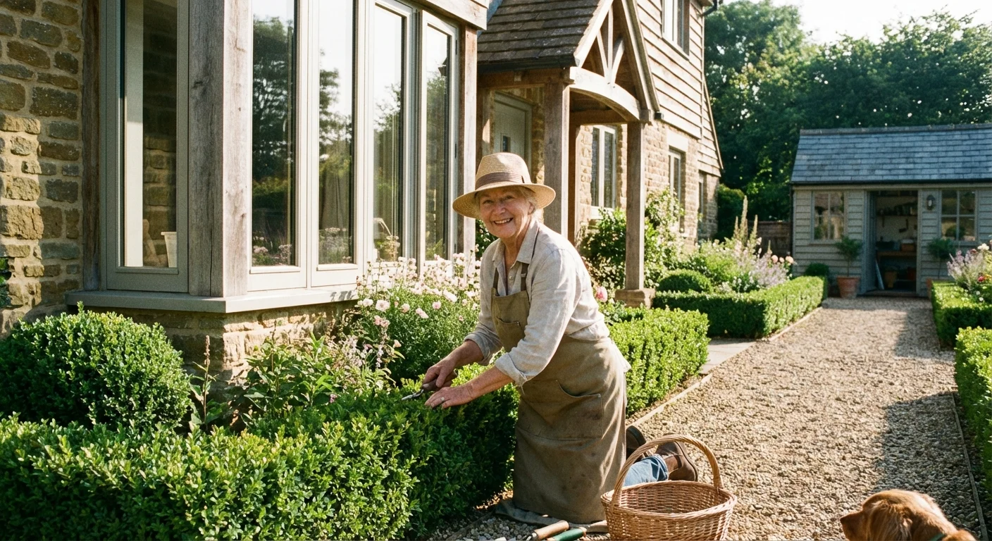 A person trimming bushes near a house window.