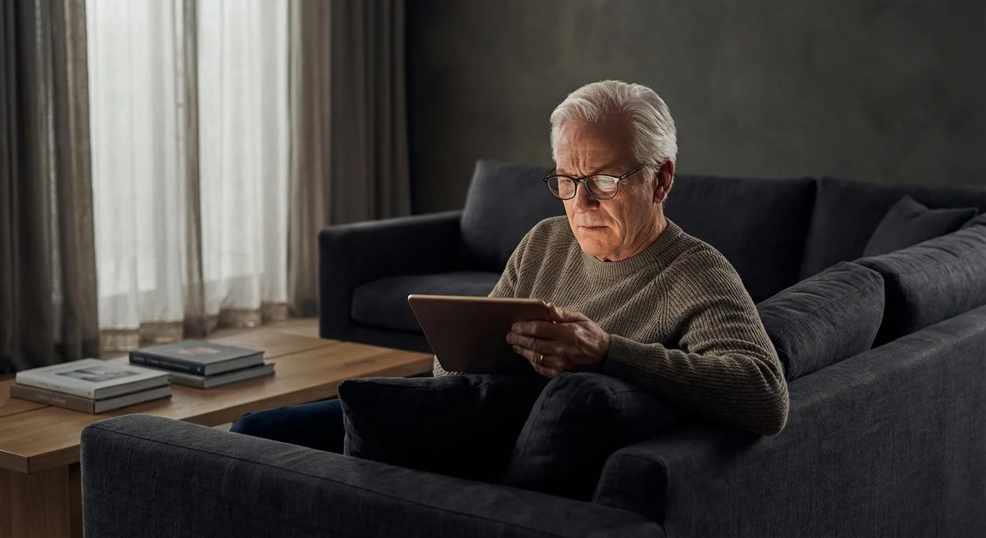 A person using a tablet computer while sitting on a sofa in a modern living room.
